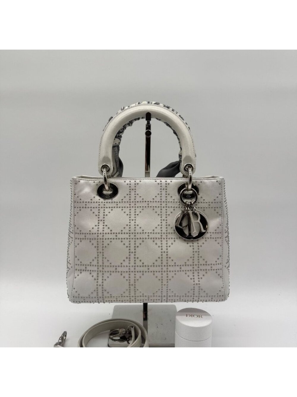 Dior Limited Model Lady Shoulder Bag Studs 2-Way Scarf White Leather